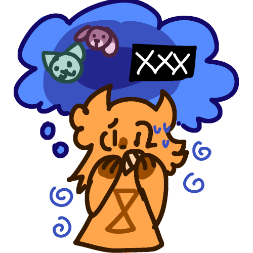 a yellow creature with an hourglass symbol on its belly and brown hooves looking afraid. Surrounding them are dark blue spirals and they have a dark blue thought bubble next to them. In that thought bubble is a cat, a dog, and a censored black bar with three x's side by side